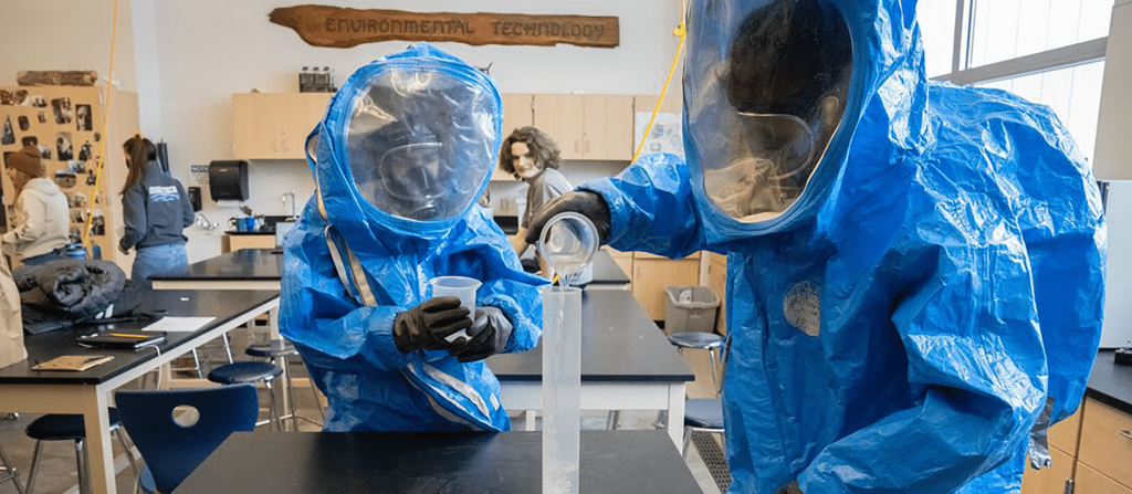 In the foreground of a classroom, 2 students in blue hazmat suits pour a liquid into a beak, other students watch from the background.