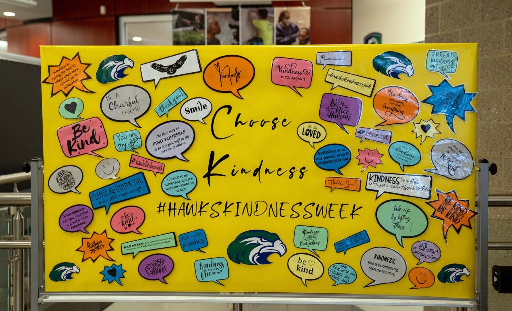 A board in the library decorated for Kindness Week.